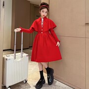 女童红色连衣裙秋冬款洋气女孩长款毛衣裙公主裙针织披肩套装裙