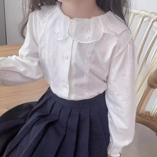 日本皇室女童儿童学院风刺绣花朵花瓣领百搭白色长袖打底衫 T恤