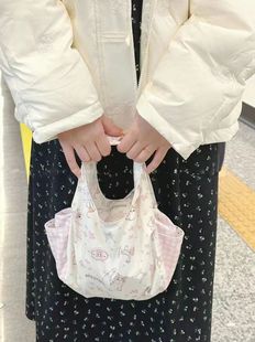 碎花猫咪手提包可爱手拎包可爱小众印花刺绣包ipad包通勤便当包
