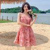 粉红色小香风吊带连衣裙女海边度假裙子公主裙甜美时尚蕾丝裙