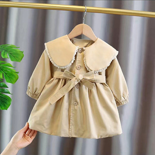 韩版女童外套2023秋装，时尚女宝宝蕾丝，镶边翻领中长款风衣潮