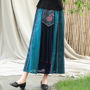 中国风复古个性大流苏长裙 特色刺绣棉麻拼接 旅游古装半身裙