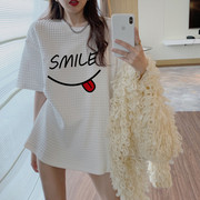 夏季韩版宽松大码卡通图案印花格子中长款短袖t恤裙连衣裙潮