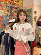 大码甜美可爱草莓娃娃领衬衫上衣女，秋季韩版宽松白色长袖上衣