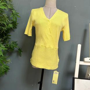 韩版时尚女装高品质黄色V领短袖大码秋冬弹力螺纹针织衫毛衣1018
