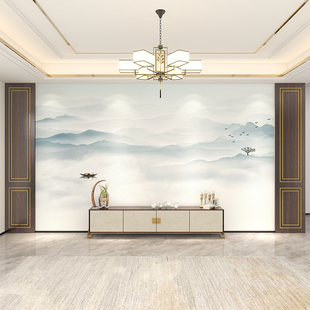 新中式水墨山水画墙纸办公室会议室，电视背景墙布，大气壁纸定制壁画