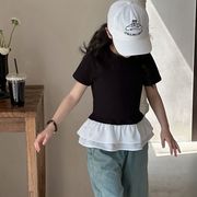 韩系女童雪纺拼接短袖t恤黑白上衣，小童夏装天丝牛仔阔腿裤套装