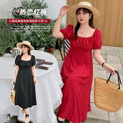 胖人大码女装法式复古方领连衣裙2024年夏季红色订婚长裙纯色