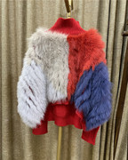 狐狸毛车条时尚撞色拼接高领宽松针织本命年大红色毛衣毛毛女