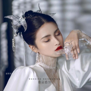 新中式古典风旗袍造型透明水晶鸟古装头饰，秀禾服婚纱礼服新娘饰品