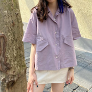 元气少女紫色衬衫女短袖chic学院风法式西装领冰淇淋色衬衫小外套