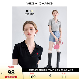 VEGA CHANG爱心针织t恤女2024夏款设计感polo领法式短袖提花上衣