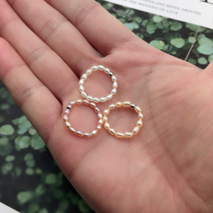 超细2-3小米粒天然珍珠戒指，简单百搭手工，编织气质优雅复古叠戴银