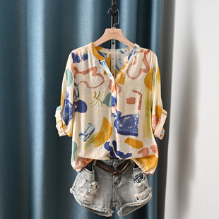 韩版设计感轻薄垂坠天丝棉印花衬衫 夏季显瘦V领宽松蝙蝠袖衬衫女