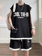 青少年夏季无袖t恤男初中高中学生，背心短裤运动套装酷帅穿搭衣服