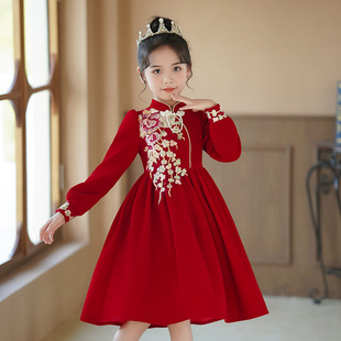 女童红色长袖旗袍连衣裙儿童中国风，唐装公主裙加绒演出礼服秋冬裙
