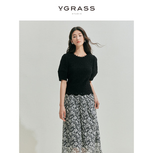 vgrass镂空钩针肌理黑色泡泡袖，上衣女24春季优雅短袖毛针织衫