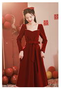 高级感轻奢显瘦气质敬酒服女2023秋季新娘订婚红色连衣裙平时可穿