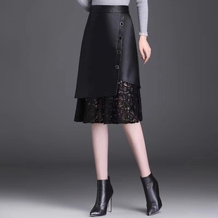 秋冬季pu黑色皮裙中长款高腰蕾丝垂感一步a字包臀裙高腰百搭