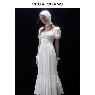 vegachang法式连衣裙女2024年夏季方(夏季方)领小众气质泡泡袖长裙子