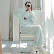 lokalura熊猫珊瑚绒睡衣女，冬季加厚条纹，半边绒可外穿家居服套装