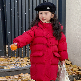 女童红色羽绒服中长款2023儿童冬装白鸭绒加厚外套宝宝新年装