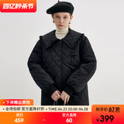 范洛2023冬季百搭设计感黑色棉衣，菱格娃娃领牛角扣短款棉服外套女