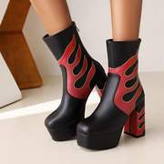 40-43大码秋冬女士靴子，时尚印花拼色防水台方头，粗高跟中筒靴g395