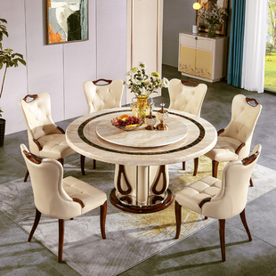 圆形大理石圆桌欧式家用乌金木圆桌带转盘，高品质别墅圆餐桌椅组合