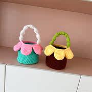 儿童包秋冬可爱手工编织水桶包韩国撞色花朵包女童毛线手拎包