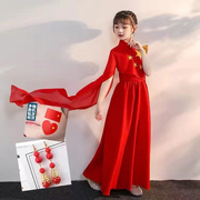 2024新十一国庆节主持人礼服女童成人大红色长裙独唱演出女合唱