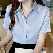 蓝色衬衫女2024夏季设计感小众雪纺，上衣韩版短袖职业装宽松白衬衣(白衬衣)