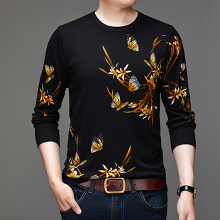 秋季男士花式薄毛线衣 中国风个性金蝴蝶图案印花针织羊毛衫