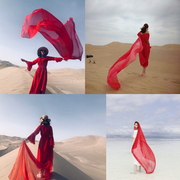 青海湖茶卡盐湖沙漠夏季大红色旅游棉麻围巾女防晒披肩民族风丝巾