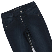高腰牛仔裤深蓝色排扣小脚裤，夏季薄款弹力小个子，修身显瘦铅笔大码