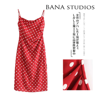 BANA2019夏季修身显瘦法式复古波点中长款吊带连衣裙女潮