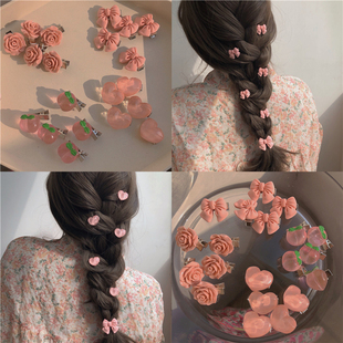 超甜美的粉色发夹系列，!少女蝴蝶结水蜜桃，山茶花桃心边夹发饰头饰