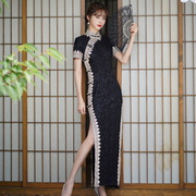 黑色改良蕾丝长旗袍2024年中国风日常可穿短袖显瘦连衣裙优雅