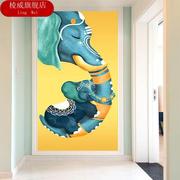 定制瑜伽竖版走廊装饰壁画，大象图案玄关，壁纸贴画过道油画艺术墙布