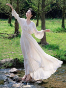 白色连衣裙女2023夏季长袖法式仙女款雪纺质感高级感v领长裙