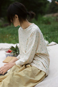 [还朝2021SS]夏款针织奶白色圆领草绿波点宽松日系休闲七分袖T恤