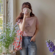 韩国粉色T恤女短袖夏季圆领棉t休闲甜美半袖白雪公主印花