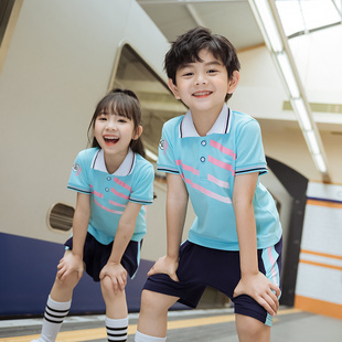 湖蓝色儿童运动套装夏季学生班服男女童短袖校服套装小学生表演服