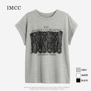 IMCC设计感小众通勤个性蕾丝贴布小飞袖T恤女宽松短袖别致上衣ins