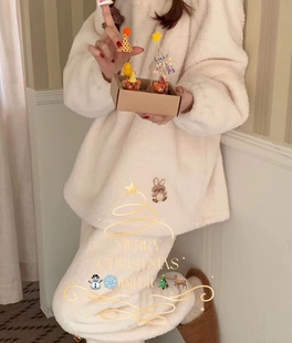韩国ibitbit秋冬软糯奶油色，珊瑚绒睡衣毛绒，加厚保暖家居服套装女