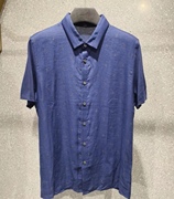 依文诺丁山男士商务高档亚麻透气凉感翻领短袖藏蓝色衬衫T恤
