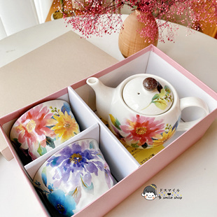 日本进口美浓烧和蓝陶瓷繁花茶壶茶杯茶具套装新婚礼物