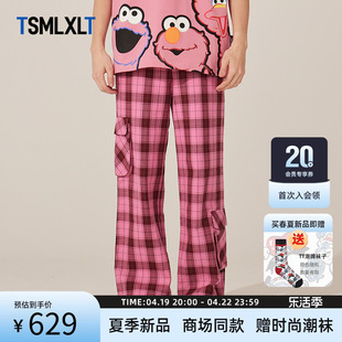 TSMLXLT TT潮牌2024粉色格子长裤女直筒休闲裤宽松多口袋卫裤