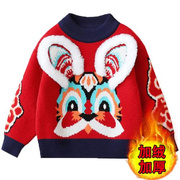 男女童秋冬毛衣加绒加厚保暖衣水貂，绒大红色卡通兔圣诞新年亲子装