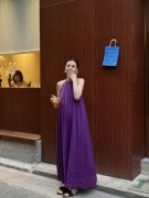 Zhangsutong苎麻吊带连衣裙2024春夏贵妇裙子紫色高级感长裙